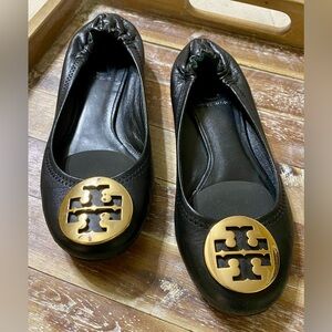 Tory Burch Black Flats with Gold Logo